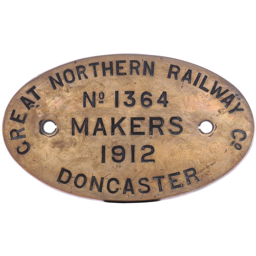 68 - A worksplate, GREAT NORTHERN RAILWAY, 1364, 1912 DONCASTER, from a GNR J6 Class 0-6-0 No 3538, renum... 