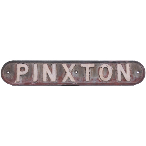 7 - An LNER seat back plate, PINXTON, from the GNR route from Kimberley, north of Nottingham. Cast iron,... 