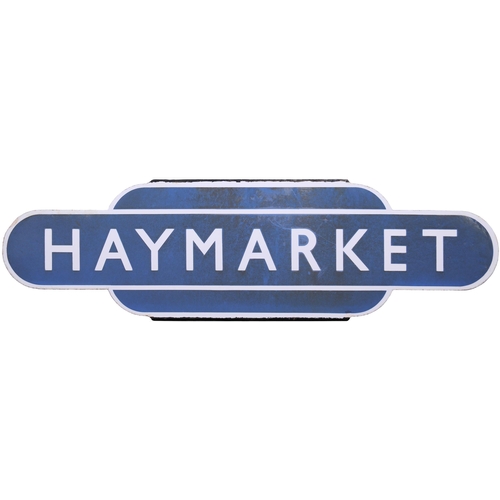 79 - A BR(Sc) totem sign, HAYMARKET, (h/f), the first station west of Edinburgh Waverley. Some loss of sh... 