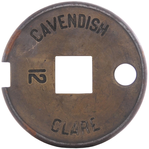 91 - A Tyers No 6 single line tablet, CAVENDISH-CLARE, (brass/steel), from the Cambridge to Marks Tey rou... 