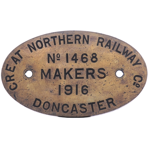 96 - A worksplate, GREAT NORTHERN RAILWAY, 1468, DONCASTER, 1916, from a GNR Class H3, LNER K2 Class 2-6-... 