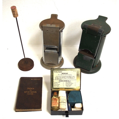 103 - Station ticket dating presses, one Waterlow & Sons, one chrome plated, GNR paper spike, BR First Aid... 