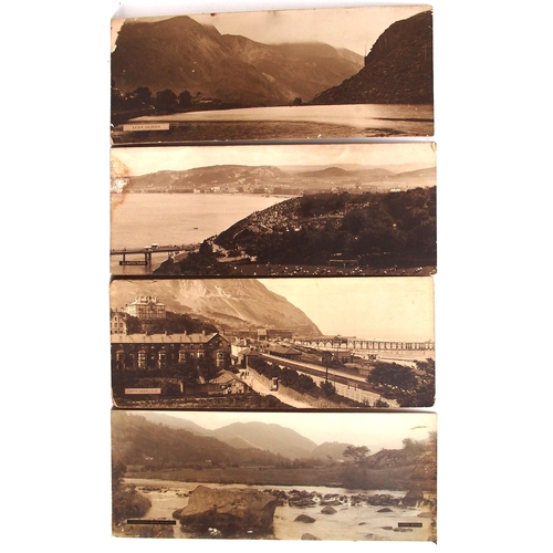 11 - LMS sepia carriage prints on board unframed - Llandudno, Penmaenmawr, Beddgelert River, Llyn Olwen, ... 