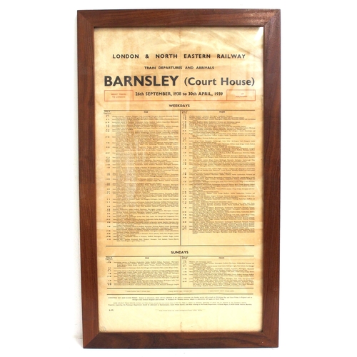 127 - LNER hardwood framed & glazed public timetable for Barnsley (Court House) 26/09/38 - 30/04/39, 19