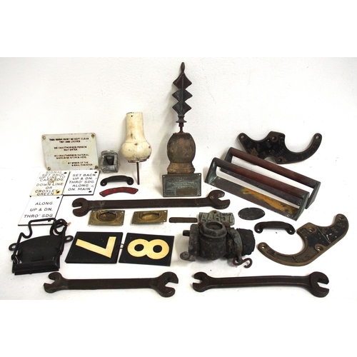 138 - Good delve selection including brass Class 08 control panel castings, wooden finials, LMS spanners, ... 