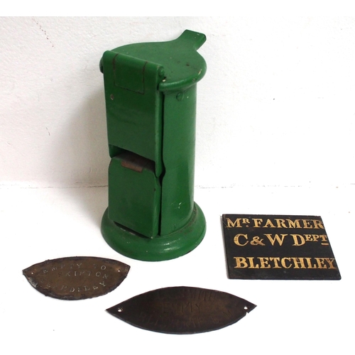 139 - Station ticket dating press, double sided hand painted plate 