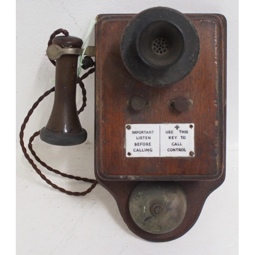 15 - D Type wooden wall telephone with separate ear & mouth piece, complete with enamel button plate, goo... 