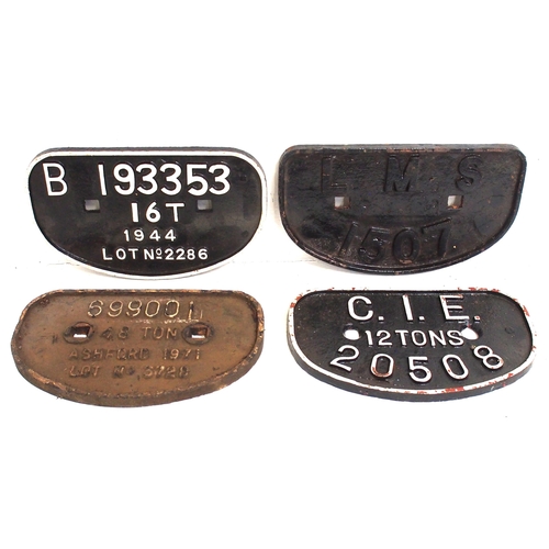 167 - D C/I wagonplates - LMS 1507, B 193353 16T 1944, 699001 48T ASHFORD 1971, C.I.E. 12T 20508. (4) (C3)... 