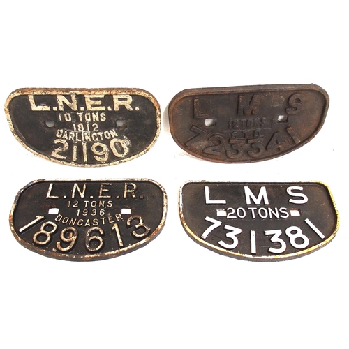 187 - D C/I wagonplates - LNER 10T 1912 DARLINGTON 21190, LMS 12T 723341, LNER 12T 1936 DONCASTER 189613, ... 