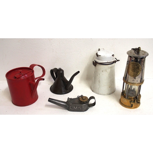 190 - LMS (embossed) small flare lamp, BR(M) oil can, side pouring can, Billy can, Miners safety lamp (goo... 