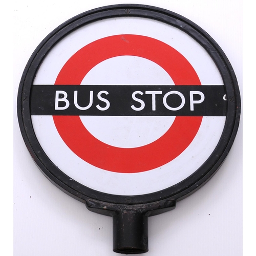 308 - LT bus stop sign, circular enamel in cast iron frame, pole-fitting, diameter 13¼