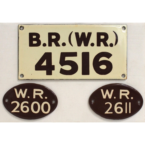 523 - BR(W) enamel poster board registration plates 4516, 2600 & 2611, all excellent undamaged bright cond... 