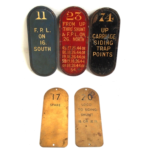 54 - SR C/I signal lever plates, attractively hand painted (original) 11, 14, 23, two brass lever plates ... 