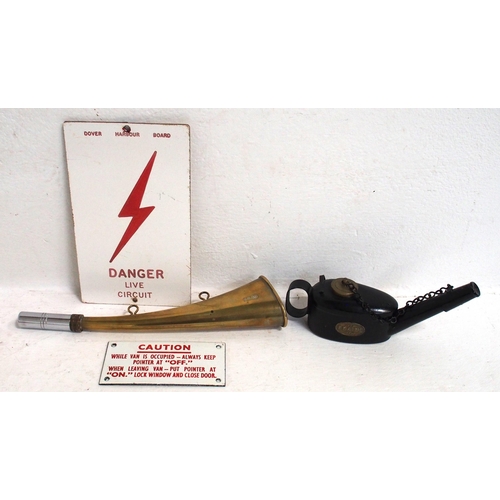 540 - BR(M) brass warning horn (working), LMS small flare lamp (unused), small enamel notice reference 