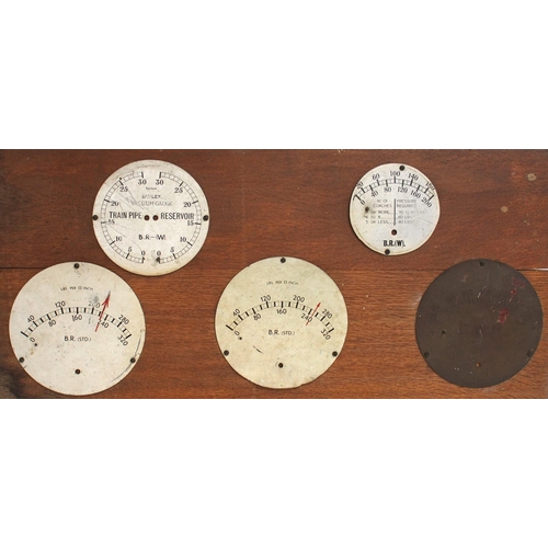 66 - Collection of mounted locomotive pressure & vacuum gauge faces including brass face GWR marked at 20... 