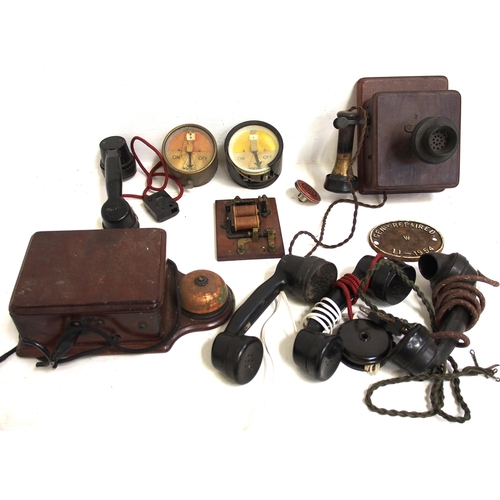 67 - Miscellaneous signalling items including D type telephone, handsets, brass cased repeater (glass bro... 