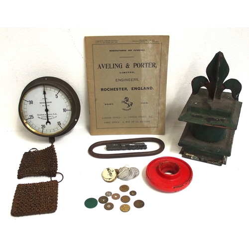 68 - Miscellaneous items including GWR & LNWR lever collars, platform lamp ornate top, two chainmail burn... 