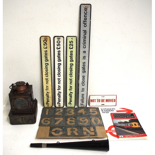 70 - Miscellaneous items including BR screen printed alloy SHUT GATE notices, LNER signal lamp reservoir ... 