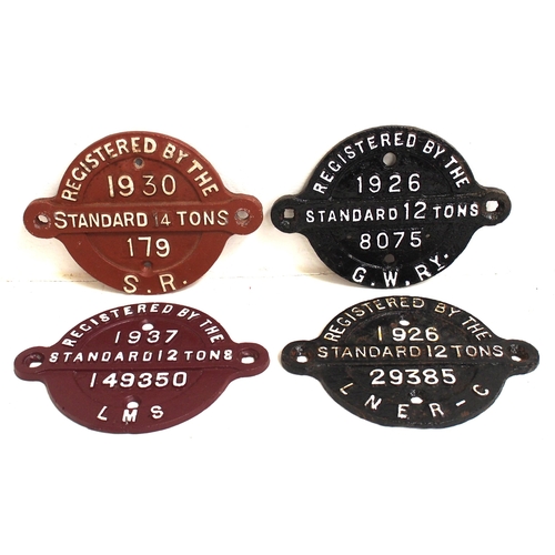 743 - Wagon C/I registration plates - GWR 1926 12T 8075, SR 1930 14T 179, LMS 1937 12T 149350 & LNER 1926 ... 