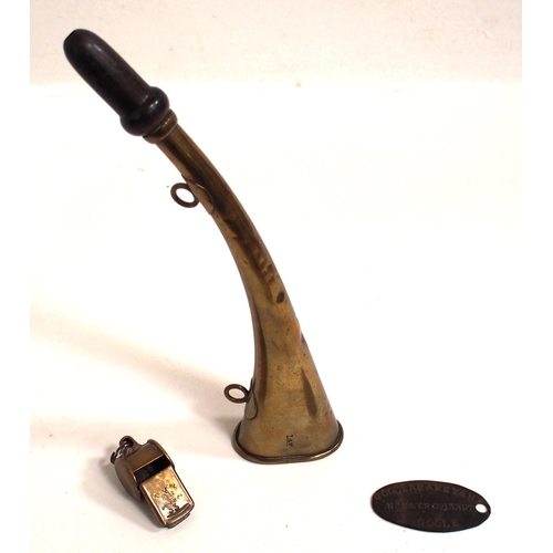 749 - L&Y Rly brass warning horn by Jules Martin (working), L&Y Rly pea whistle No 33 (working), & key fob... 