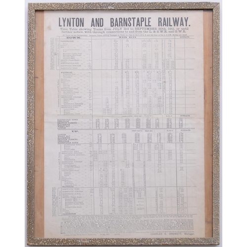 752 - Lynton and Barnstaple Railway original timetable poster, 1911, 12