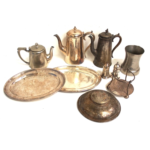 845 - Selection of table silverware including GWR Cars coffee pot, LNWR coffee pot, BTC teapot, LNWR plate... 