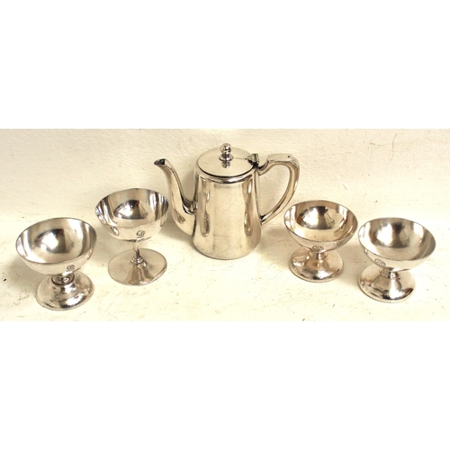 868 - GWR (roundel) table silverware - Sundae dishes (4) & coffee pot (5¼