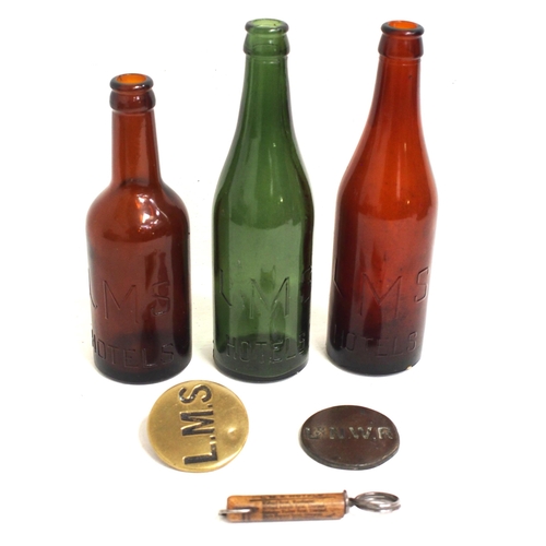 909 - LMS beer bottles (3), LMS & LNWR horse bridal brasses, LMS Hotels bottle opener. (6) (D3X) (Dispatch... 