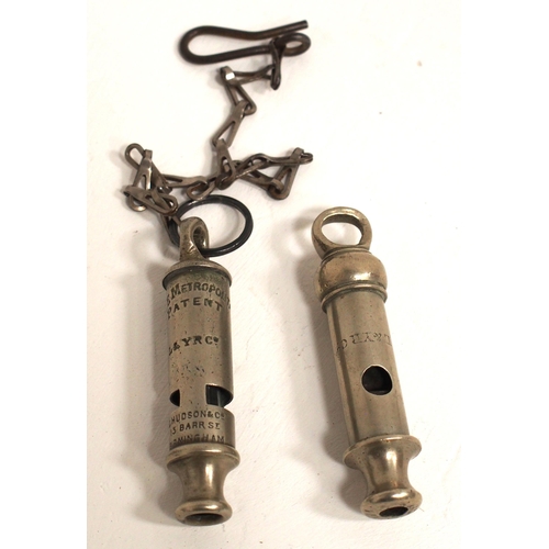 944 - Lancashire & Yorkshire Rly Police whistles, two different patterns the older hand engraved 