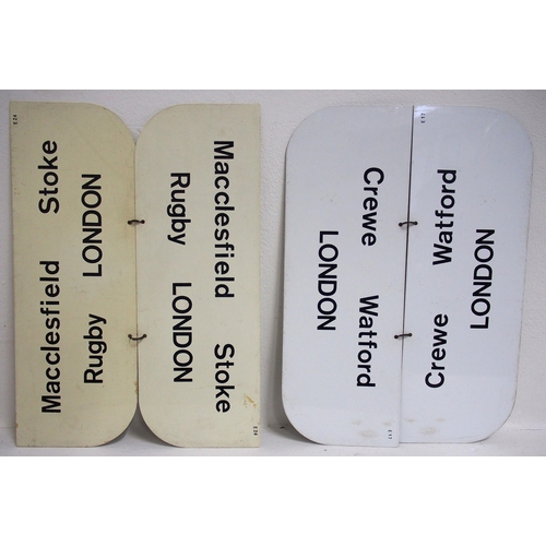 948 - BR double sided plastic carriage destination boards - CREWE RUNCORN LIVERPOOL, CREWE RUGBY WATFORD L... 