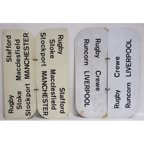 948 - BR double sided plastic carriage destination boards - CREWE RUNCORN LIVERPOOL, CREWE RUGBY WATFORD L... 