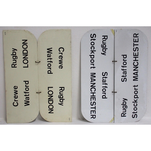 948 - BR double sided plastic carriage destination boards - CREWE RUNCORN LIVERPOOL, CREWE RUGBY WATFORD L... 