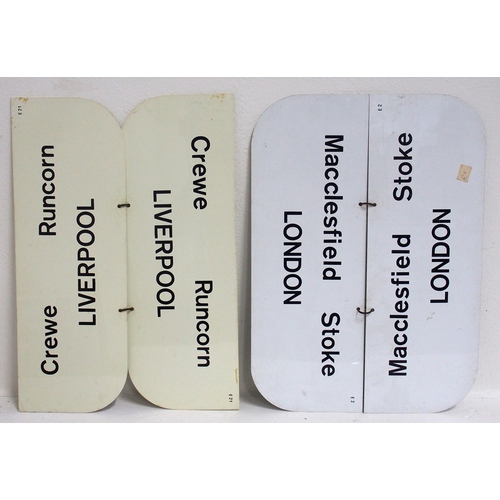 948 - BR double sided plastic carriage destination boards - CREWE RUNCORN LIVERPOOL, CREWE RUGBY WATFORD L... 