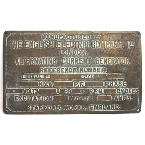 97 - English Electric Co Ltd Stafford generator makers plate, impressive cast brass, 6,600 Volts, 15