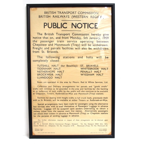 972 - British Railways framed & glazed closure poster for line between Monmouth (Troy) & Chepstow, Tutshil... 