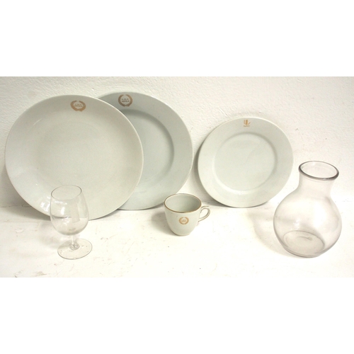 977 - LMS Hotels tableware - dining plates (2), side plate (1), small teacup, glass, Carafe. (6) (D3X) (Di... 