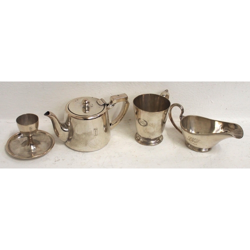 995 - LMS Hotels silverplate - teapot 1 pint, egg cup, sauce boat & tankard all in good condition. (4) (D4... 