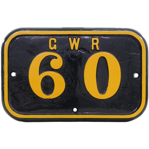 195 - A GWR cabside numberplate, GWR 60, from a Rhymney Railway 0-6-2T No 20 built by Hudswell Clarke, Wor... 