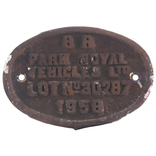 2 - A worksplate, BR PARK ROYAL VEHICLES LTD, LOT No 30287, 1958, from a class 103 diesel multiple unit,... 