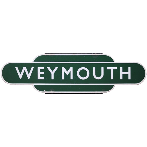 262 - A BR(S) totem sign, WEYMOUTH, (h/f), the terminus of the Southern main line from Waterloo, also serv... 