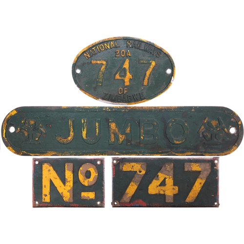 278 - A locomotive nameplate, JUMBO, and cabside numberplate, NATIONAL RAILWAYS OF ZIMBABWE 20, 747, and n... 