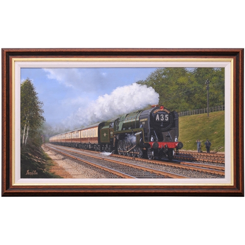 299 - An original painting, 92220 Evening Star on the up Red Dragon in Sonning Cutting, by Barry Price. Oi... 