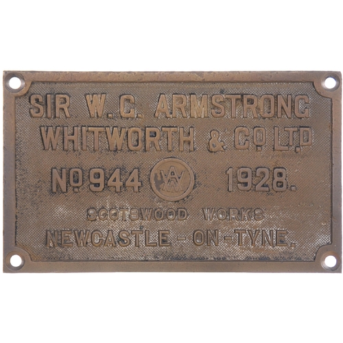 300 - A worksplate, ARMSTRONG WHITWORTH, 944, 1928, from a GWR 5600 Class 0-6-2T No 6656. Cast brass, 8¼