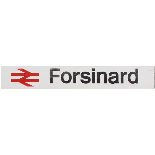 42 - A BR station sign, FORSINARD, with red double arrows emblem. The station is on the Far North Line, s... 