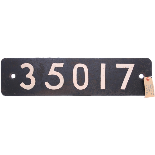 63 - A replacement smokebox numberplate, 35017, from the Southern Railway Merchant Navy Class 4-6-2 Bulle... 