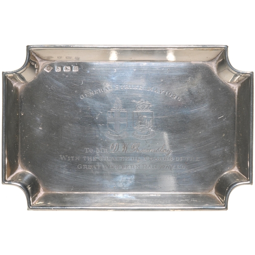 75 - A GWR pin tray, presented to A W Rawnsley, General Strike 1926, hallmarked silver, displaying the GW... 