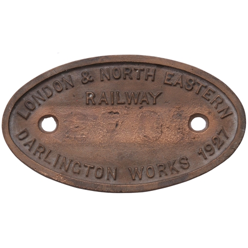 96 - A worksplate, LONDON & NORTH EASTERN RAILWAY, 62701, DARLINGTON, 1927, from a LNER D49 Class 4-4-0 N... 