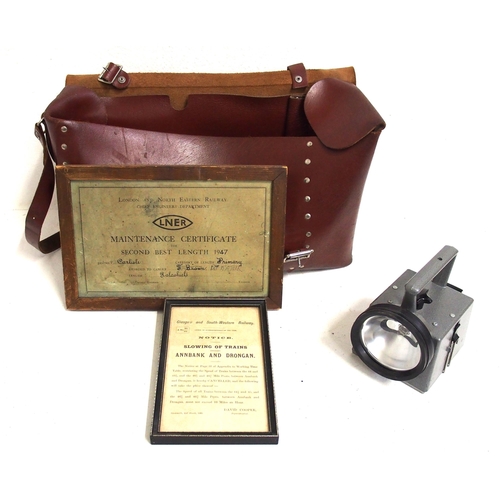 225 - British Rail Guards leather bag in very good condition containing a Bardic handlamp (working) & a fr... 