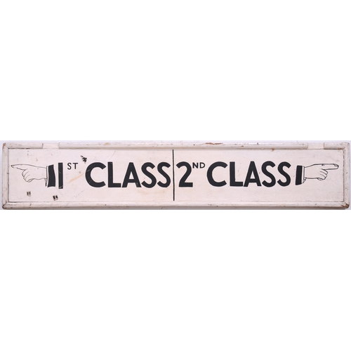 332 - Platform notice, 1ST CLASS 2ND CLASS, with pointing hand, painted wood, double-sided, length 29