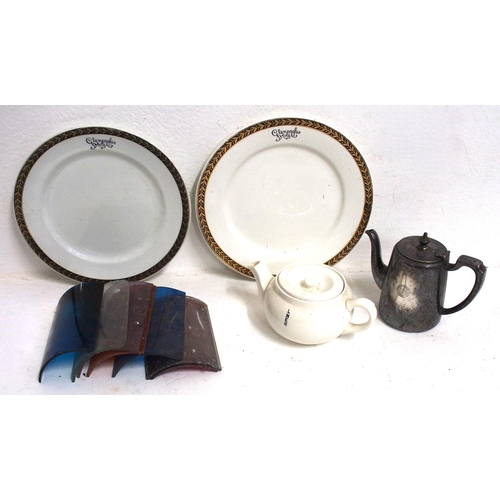 429 - Miscellaneous items - framed carriage mirror (good), LMS Gleneagles Hotel dinner plates (2), Newhave... 